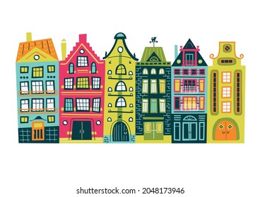 Old town, Europe - vector print, illustration, pattern in hand drawing style 