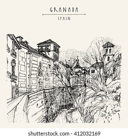 Old town in Granada, Andalucia, Spain, Europe. Hand drawn vintage book illustration, touristic postcard or postcard. Vector