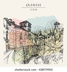 Old town in Granada, Andalucia, Spain, Europe. Hand drawn vintage book illustration, touristic postcard or postcard. Vector