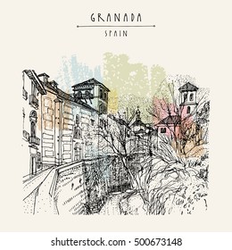 Old town in Granada, Andalucia, Spain, Europe. Traditional Spanish historical buildings.Travel sketch. Hand-drawn vintage book illustration, greeting card, postcard or poster template in vector