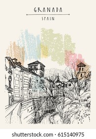 Old town in Granada, Andalucia, Spain, Europe. Traditional Spanish historical buildings.Travel sketch. Hand-drawn vintage book illustration, greeting card, postcard or poster template in vector