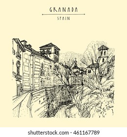 Old town in Granada, Andalu?ia, Spain, Europe. Traditional Spanish historical buildings.Travel sketch. Hand-drawn vintage book illustration, greeting card, postcard or poster template in vector