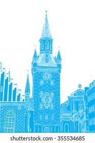 Old Town Hall, Munich, Bavaria, Germany, European city, vector sketch hand drawn collection. Famous, tourists & travel, popular historic city attraction, street and routs. Tourism concept.