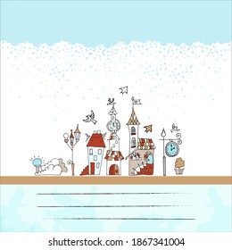 Old town hand drawn cliparts. Signs gingerbread house, townhall, tower, bridge watch, birds, paving, castle. Thematic group isolated sketch for banner, tourism, notebook.