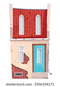 Old town house facade - detailed cartoon illustration. Old building with brick wall and tall roof. Vector hand painted art for post cards, game assets, concept and architecture design