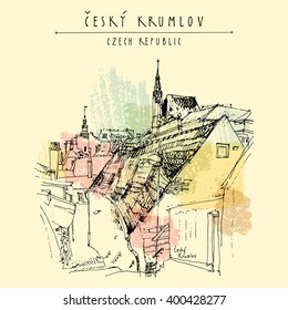 Old town houses in Cesky Krumlov (Bohemian Crumlaw), Czech Republic, Europe. Travel sketch. Handdrawn artistic postcard in vector