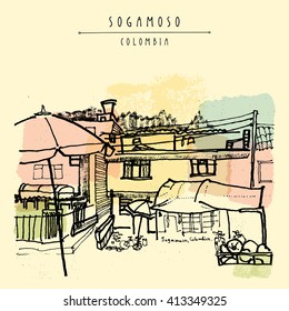 Old town houses in Cesky Krumlov (Bohemian Crumlaw), Czech Republic, Europe. Handdrawn postcard