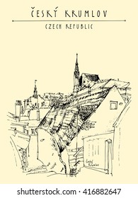 Old town houses in Cesky Krumlov (Bohemian Crumlaw), Czech Republic, Europe. Handdrawn postcard in vector