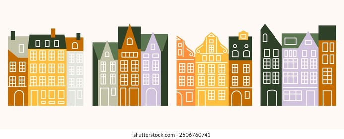 Old town houses vector illustrations. European historical facades. Sweden, Germany cities architecture graphic