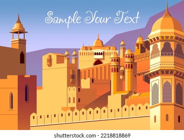 Casco antiguo en India con muros de ciudad, casas tradicionales y palacios en el fondo. Ilustración de vector de dibujo hecha a mano. Afiche de estilo retro.