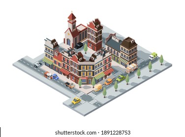 Old town isometric. Map 3d urban infrastructure retro historical houses and constructions vector buildings set