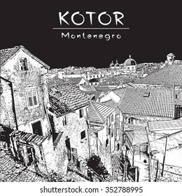 Old town Kotor (Montenegro). Beautiful view of tiled roofs.
Black and white vector image edited of author's photo.
Illustration for for travel guide, guidebook; greeting card, presentation.