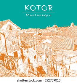 Old town Kotor (Montenegro). Beautiful view of tiled roofs in green and orange color.
Vector image for travel guide, guidebook; website, brochure, catalog, greeting card, presentation.