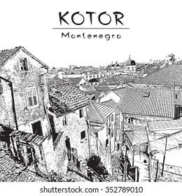 Old town Kotor (Montenegro). Black and white view of tiled roofs.
Vector image edited of author's photo.
Illustration for for travel guide, guidebook; website, brochure, catalog, greeting card.