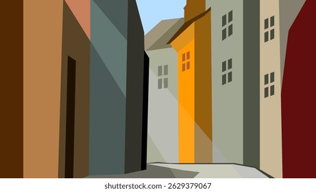 old town landscape, flat color illustration