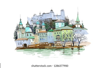 Old town landscape, vector illustration