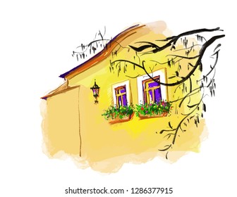 Old town landscape, vector illustration