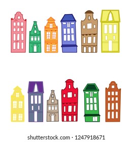 Old town main street. City landscape. Set of public Building icon, goverment and office illustration symbol, skyscraper, hotel, apartment, house, home icons vector.