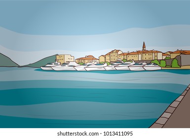 Old town and marina. Hand drawn vector illustration. Budwa. Montenegro.