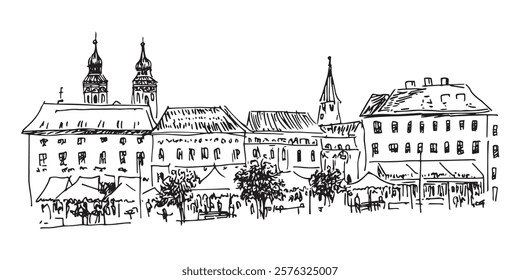 old town market square with historic buildings and towers in sketch