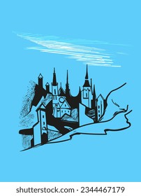 Old town, medieval town, drawing in vector. Graphic drawn by line. Tower, retro architecture. Icon.