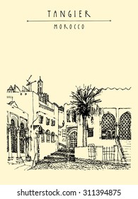 Old town (Medina) in Tangier, Morocco, Northern Africa. Mosque, palm tree. Travel sketch. Vector retro isolated touristic postcard, poster, calendar template or coloring book page with hand lettering