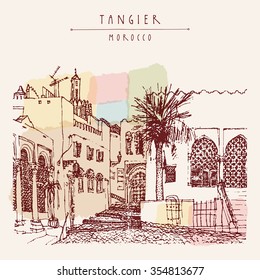 Old town (Medina) in Tangier, Morocco, Northern Africa. Mosque, palm tree. Travel sketch. Vintage hand drawn postcard. Vector illustration