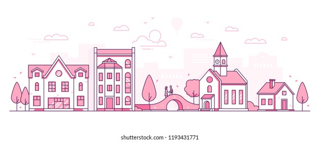 Old town - modern thin line design style vector illustration on white background. Pink colored high quality composition with facades of houses, hall with clock, couple standing on the bridge