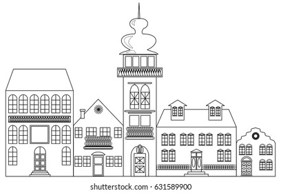 Old town monochrome drawing, architectur sketch in black outline on white background