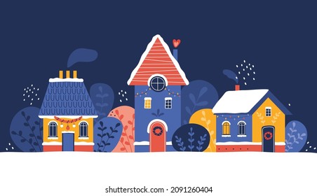 Old town on the background of Christmas winter snow landscape. Cityscape with New Year decoration. Cozy village houses decorated with garlands and Christmas wreaths. Hand drawn vector illustration