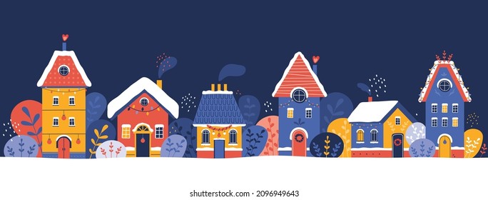 Old town on the background of Christmas winter snow landscape. Cityscape with New Year decoration. Cozy village houses decorated with garlands and Christmas wreaths. Hand drawn vector illustration