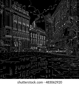 Old Town with the puddle. Vector illustration. Isolated white background