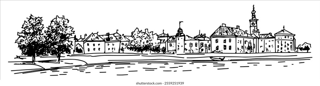 Old Town in Riga city ​​panorama hand drawing doodle hatching vector sketch