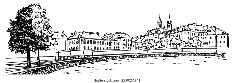 Old Town in Riga city ​​panorama hand drawing doodle hatching vector sketch