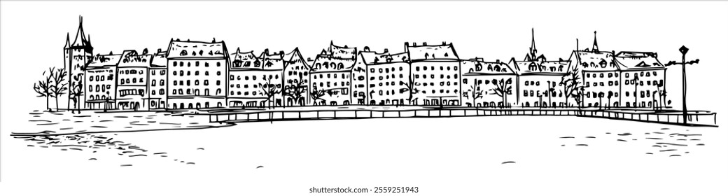 Old Town in Riga city ​​panorama hand drawing doodle hatching vector sketch