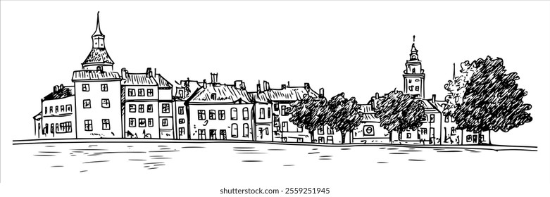 Old Town in Riga city ​​panorama hand drawing doodle hatching vector sketch