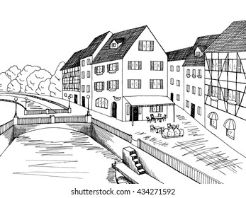 Old town river bridge house graphic art black white illustration vector
