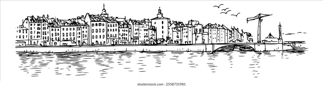 Old Town in Gdańsk with the Motława River city panorama hand drawing doodle hatching vector sketch