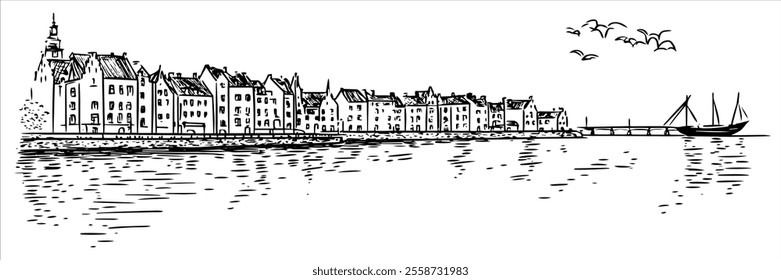 Old Town in Gdańsk with the Motława River city panorama hand drawing doodle hatching vector sketch