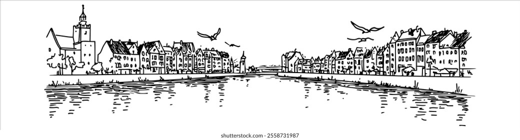 Old Town in Gdańsk with the Motława River city panorama hand drawing doodle hatching vector sketch