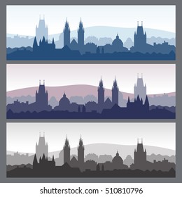 Old town silhouettes set. Seamless city skylines in different colors. Silhouette of Prague. Vector illustration for website or banner. Travel background.