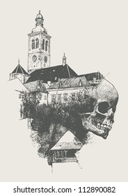 Old Town and skull, Kutna Gora, Czech Republic. sketch style, vector illustration.