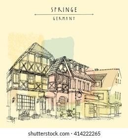 Old town Springe, Germany, Europe. Historical building line art. Freehand drawing. Travel sketch, hand lettering. Vintage postcard, poster template