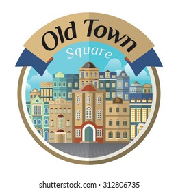 Old town square with blue sky background. Vector illustration