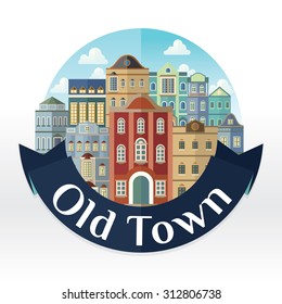 Old town square with blue sky background. Vector illustration