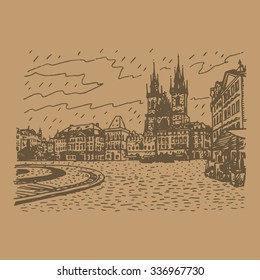 Old Town Square, Church of Our Lady before Tyn, Prague, Czech Republic. Vector hand drawn sketch.