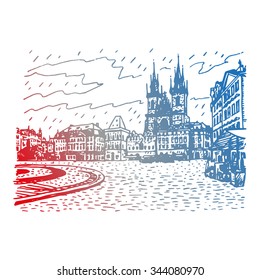 Old Town Square, Church of Our Lady before Tyn, Prague, Czech Republic. Vector hand drawn sketch.