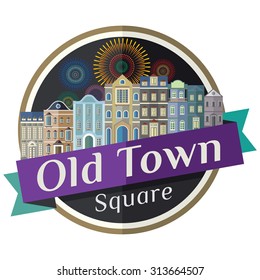 Old town square with fireworks background. Vector illustration