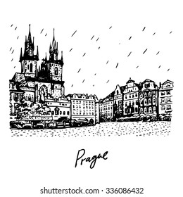 Old town square in Prague, Czech Republic. Church of Our Lady before Tyn and monument of Jan Hus. Vector hand drawn sketch.