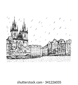 Old town square in Prague, Czech Republic. Church of Our Lady before Tyn and monument of Jan Hus. Vector hand drawn sketch.